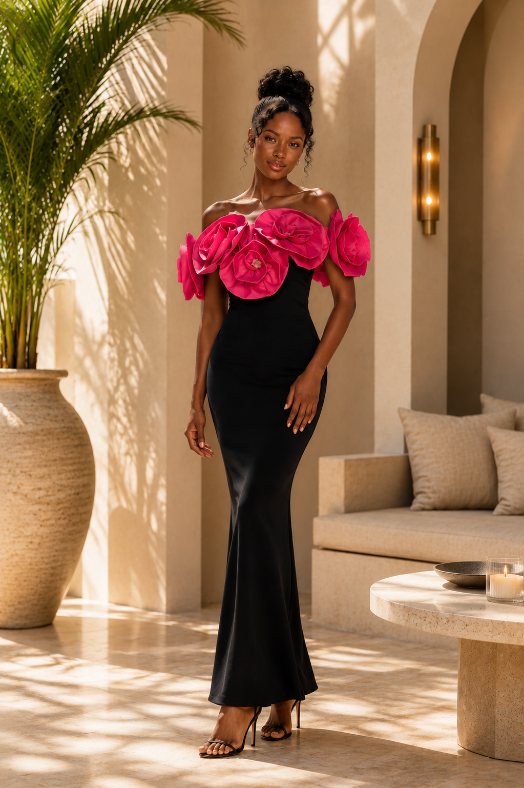 Black Off-Shoulder Mermaid Gown with Fuchsia Roses | Fabby Glamtique