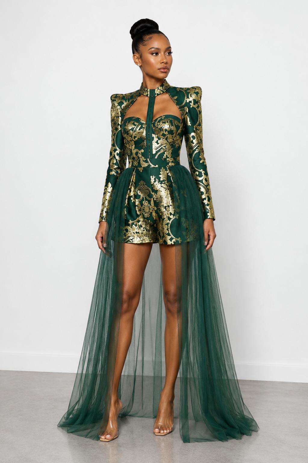 Emerald Green Gold Formal Romper with Tulle Overlay – Fabby Glamtique