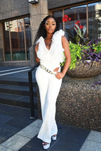 White Ruffle Bodysuit And Flare Pants Set image 1