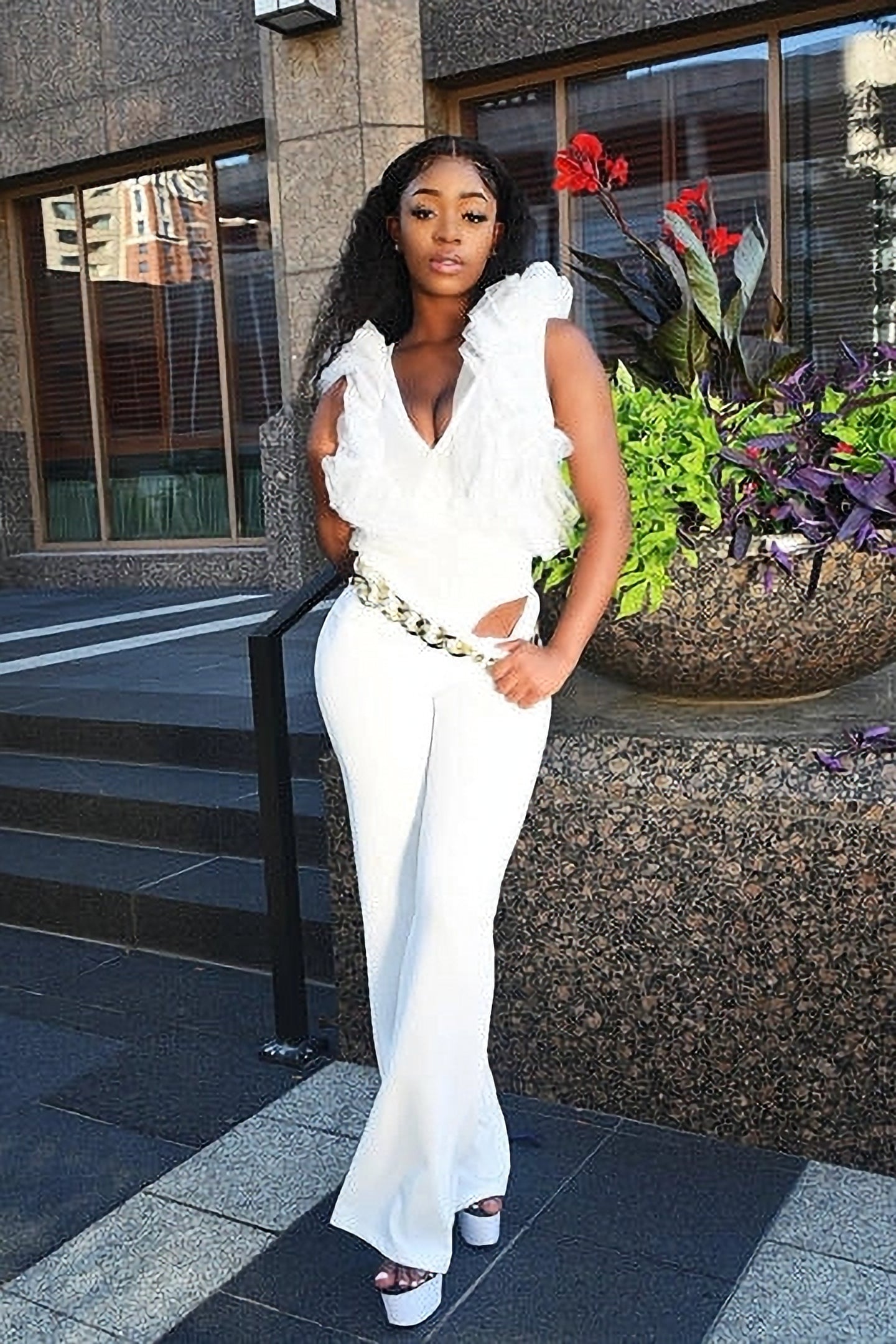 White Ruffle Bodysuit And Flare Pants Set image 1
