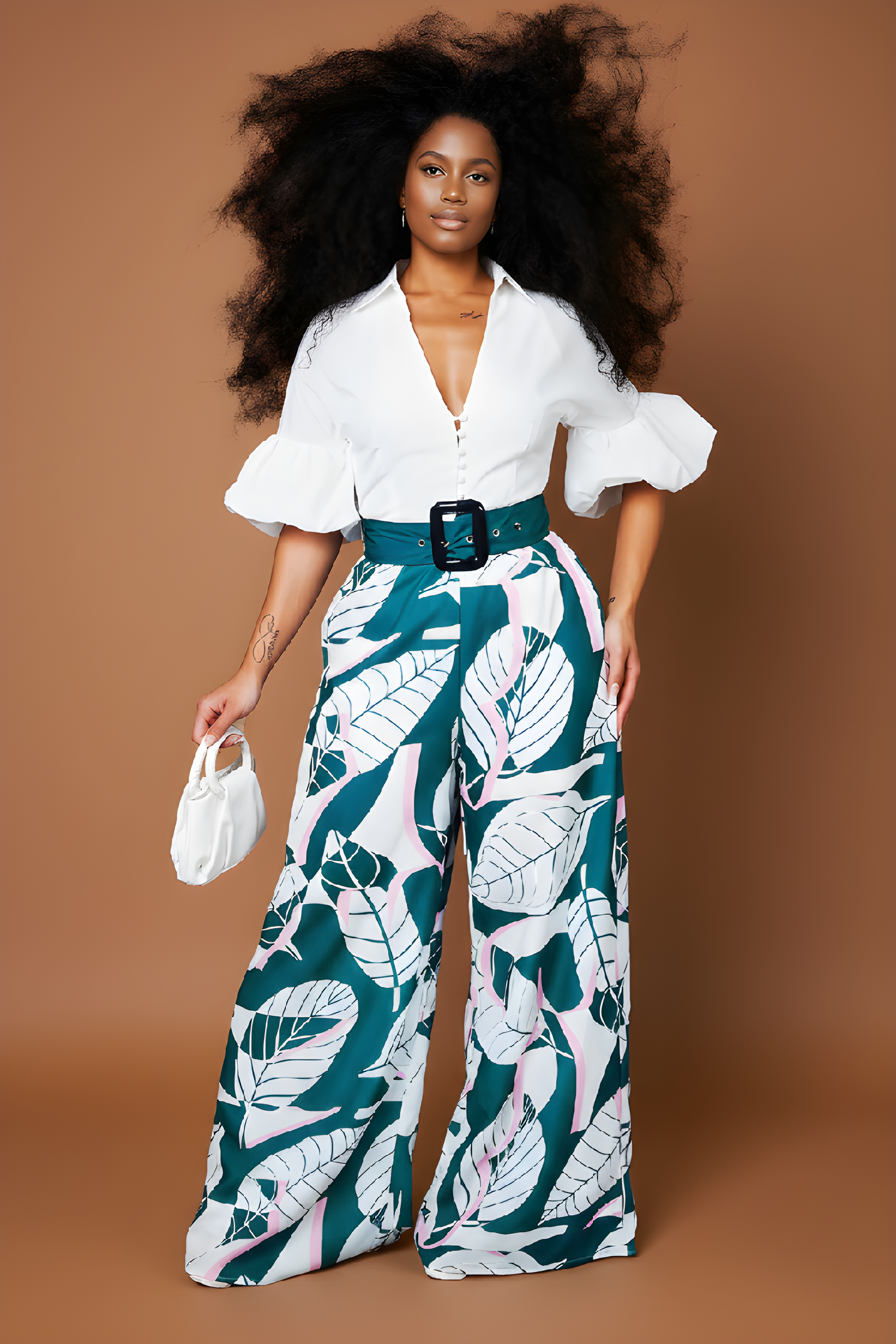Floral Waist Belt Jumpsuit with Deep V-Neckline image 0