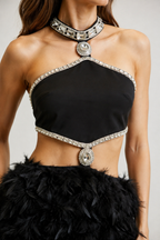 Close-up of the crystal-trimmed black halter crop top and feather mini skirt