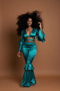 Emerald Green Satin Two-Piece Pants Set image 0