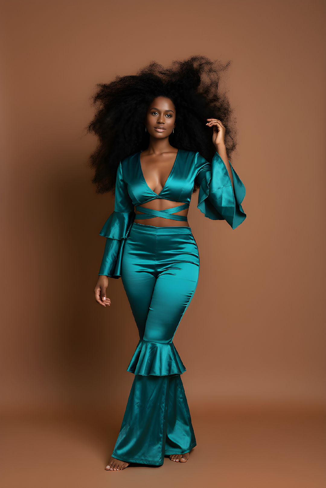 Emerald Green Satin Two-Piece Pants Set image 0