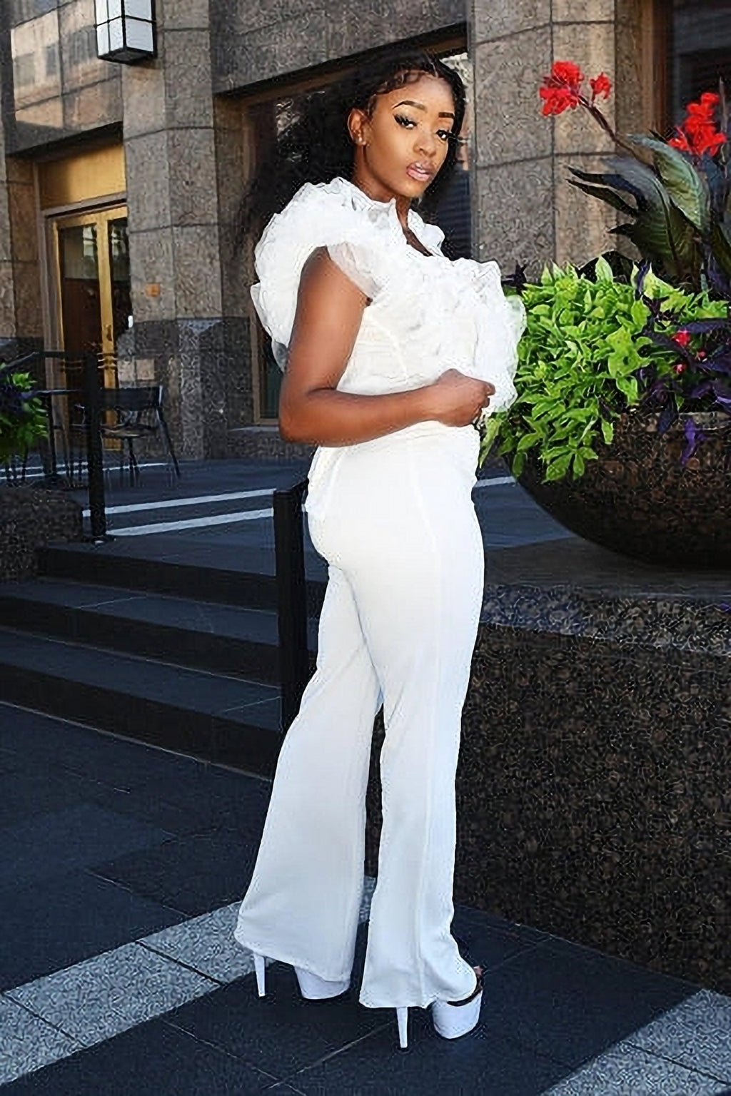 White Ruffle Bodysuit And Flare Pants Set image 2