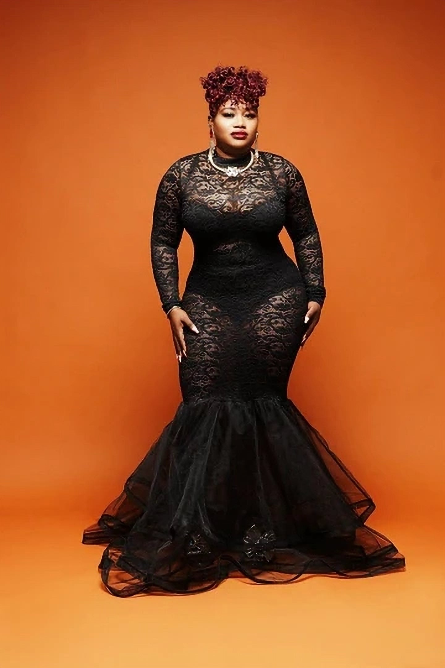 Black Lace Mermaid Maxi Dress with Sheer Tulle Hem image 1