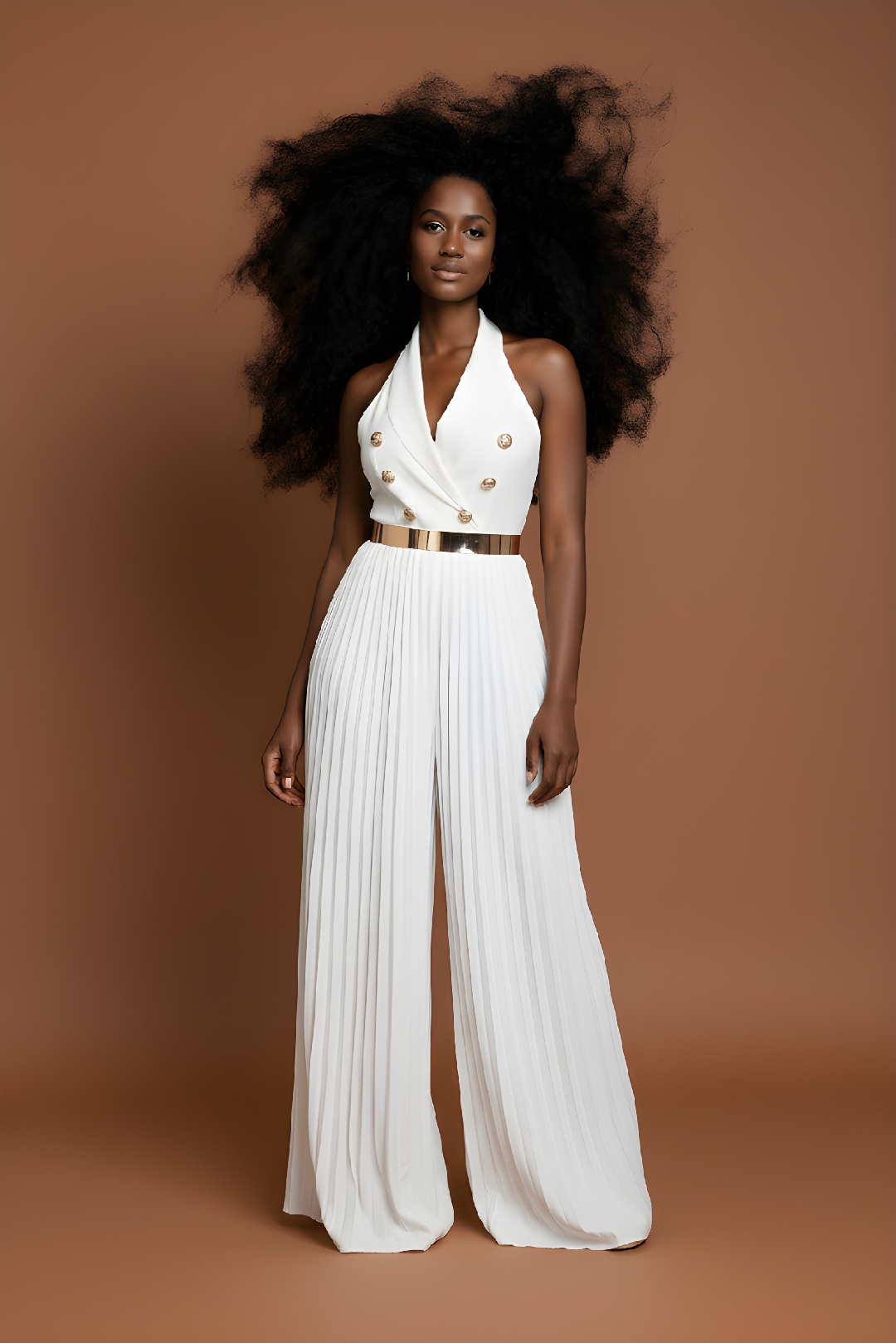 White Pleated Halter Wide-Leg Jumpsuit image 0