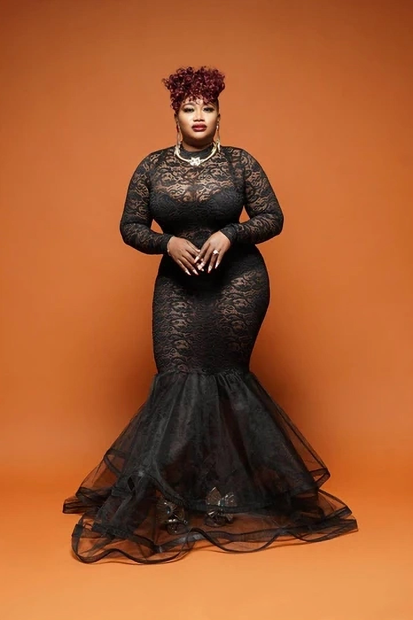 Black Lace Mermaid Maxi Dress with Sheer Tulle Hem image 3