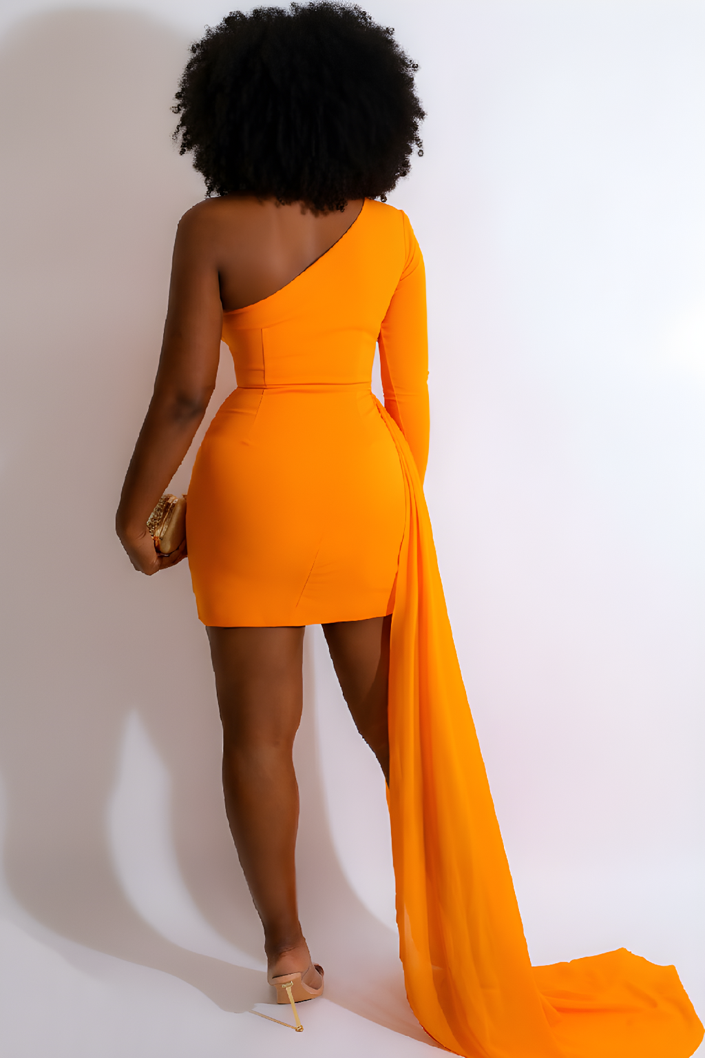 Orange One Shoulder Mini Dress with Draped Train image 1