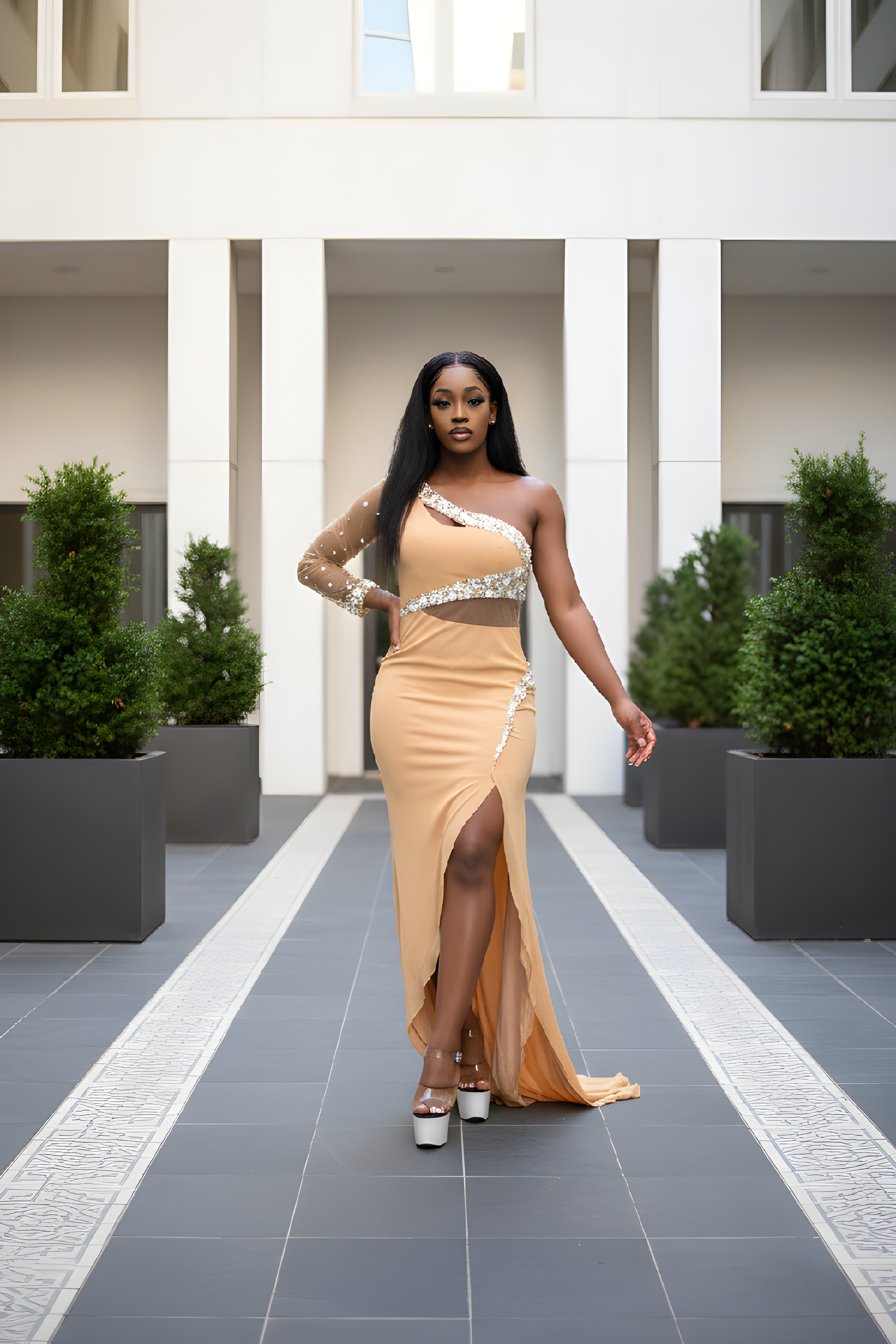 Nude One-Shoulder Sequin Trim Formal Dress image 0