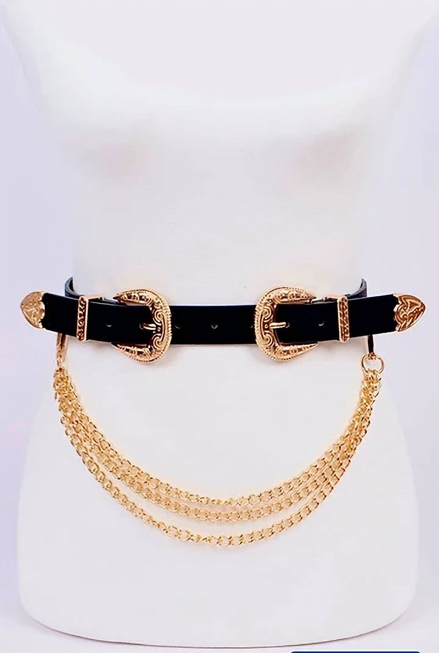 Black Western Waist Belt with Gold Buckle & Chain image 1
