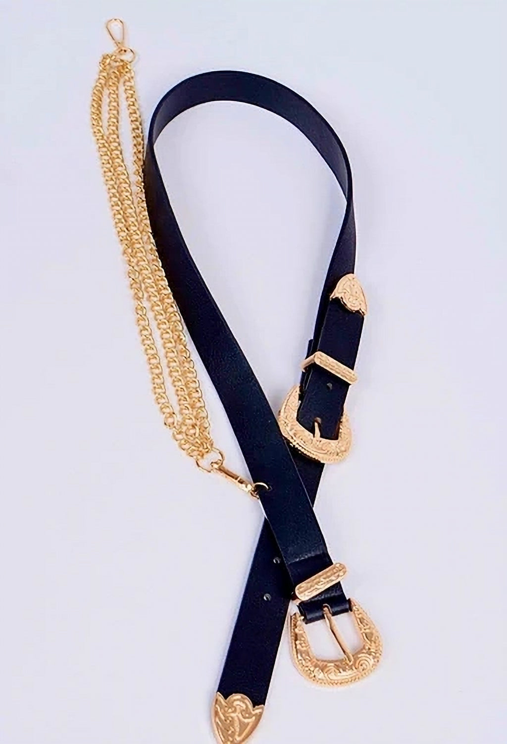 Black Western Waist Belt with Gold Buckle & Chain image 2