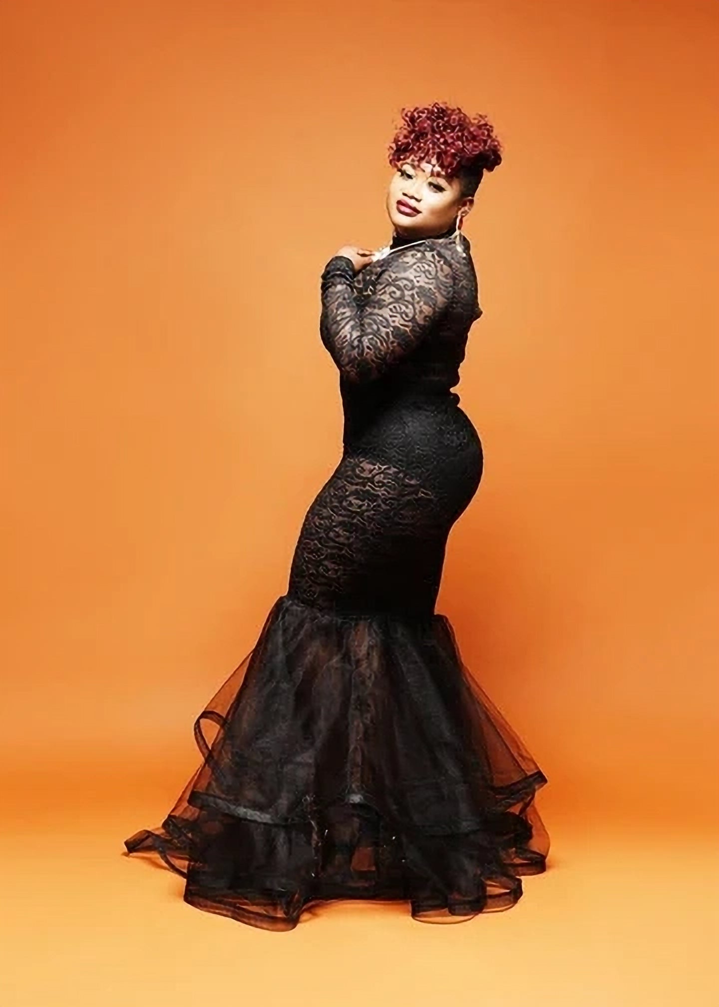 Black Lace Mermaid Maxi Dress with Sheer Tulle Hem image 0