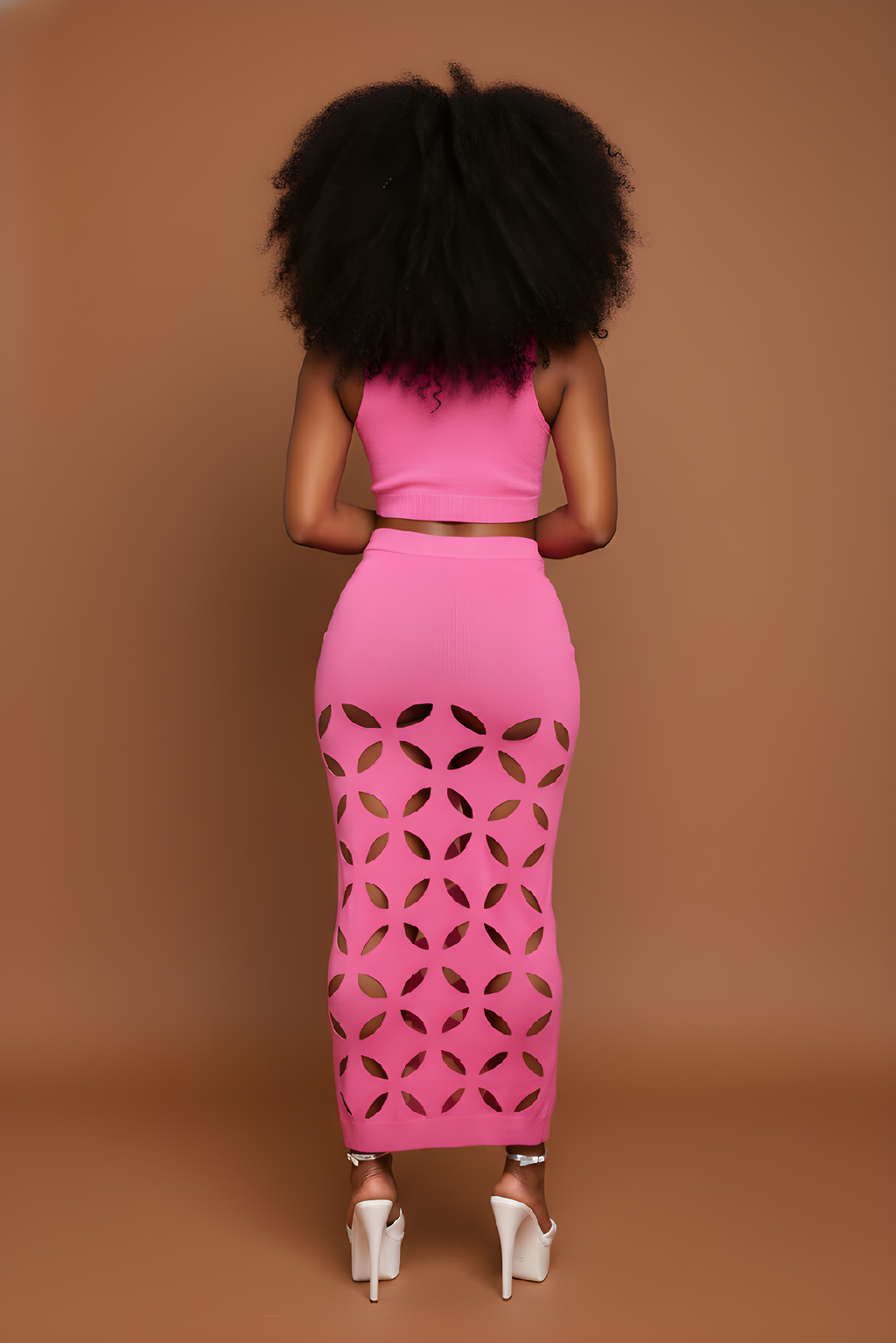 Pink Cutout Crop Top And Midi Skirt Set image 1
