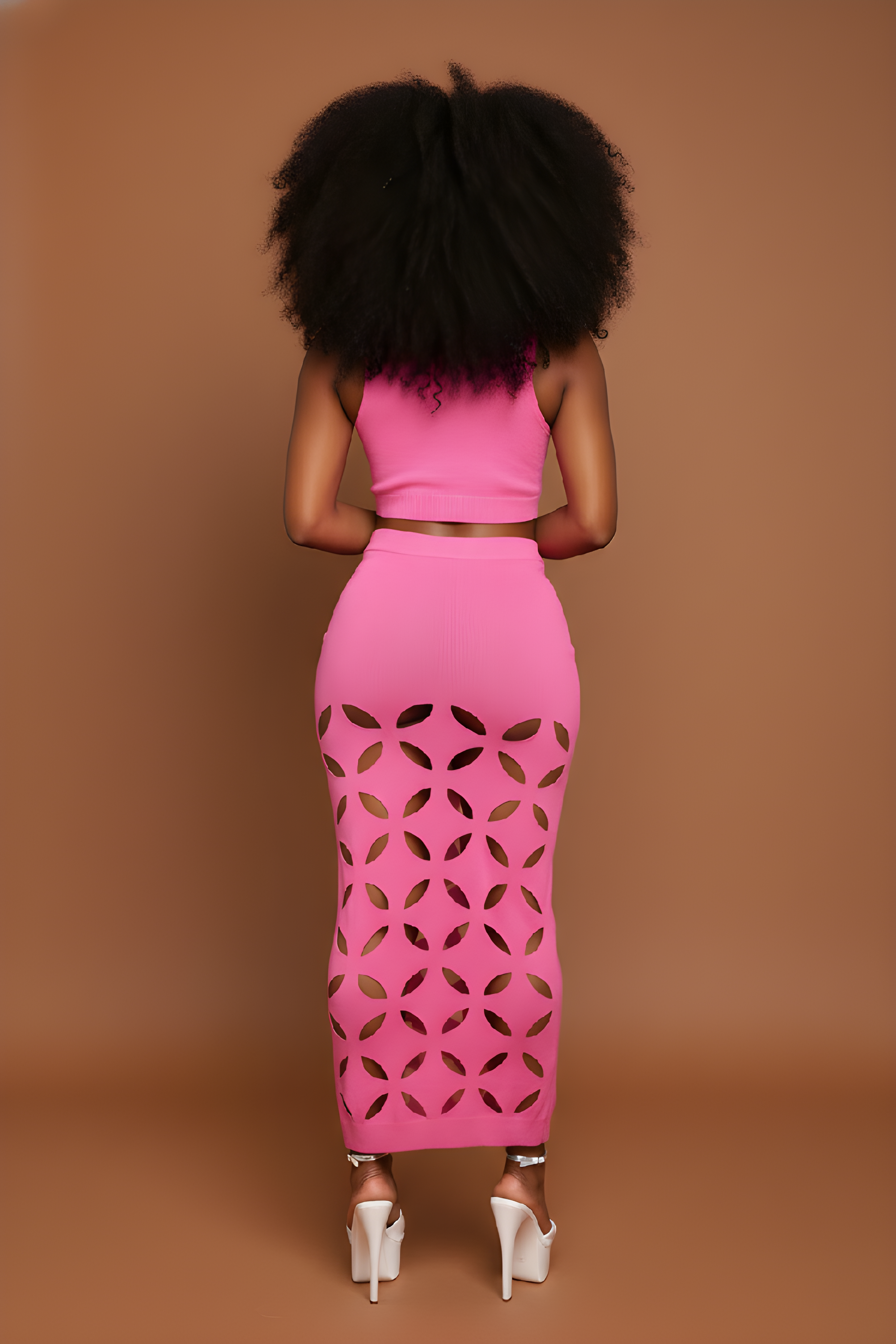 Pink Cutout Crop Top And Midi Skirt Set image 1