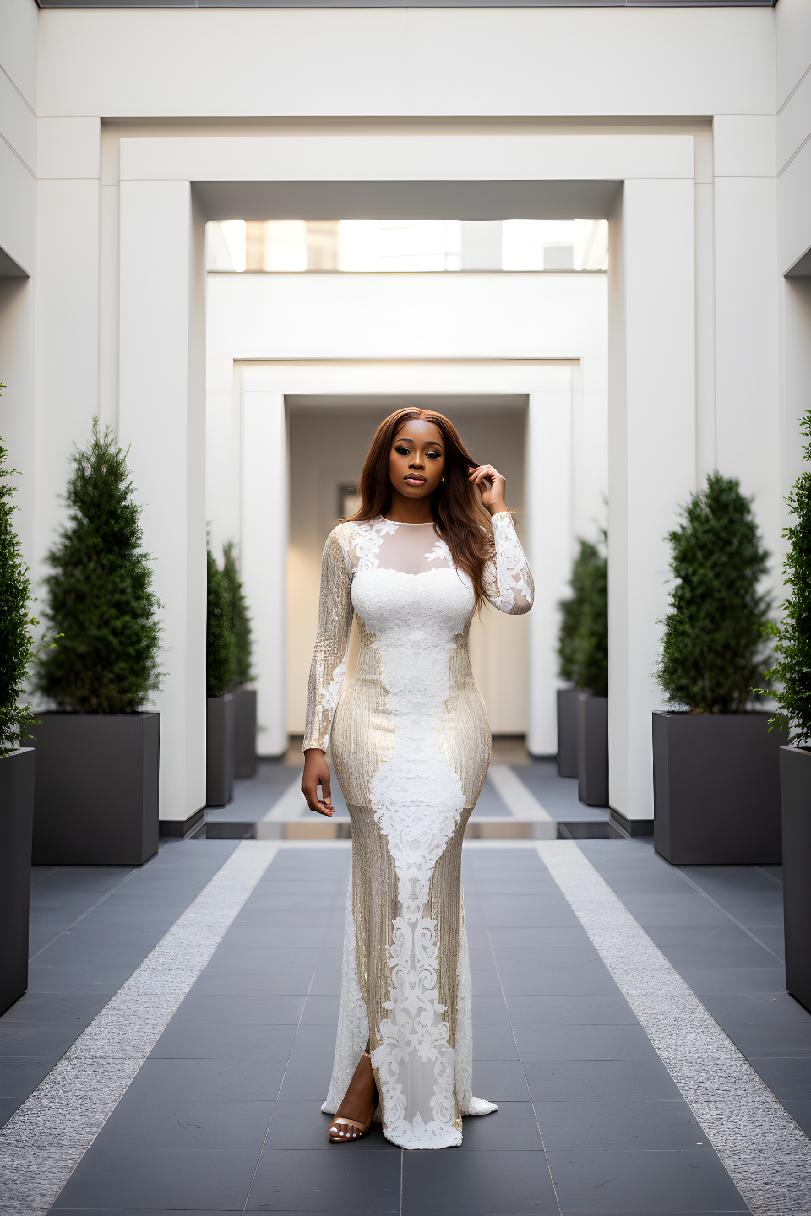 White And Gold Lace Sequin Maxi Dress image 0