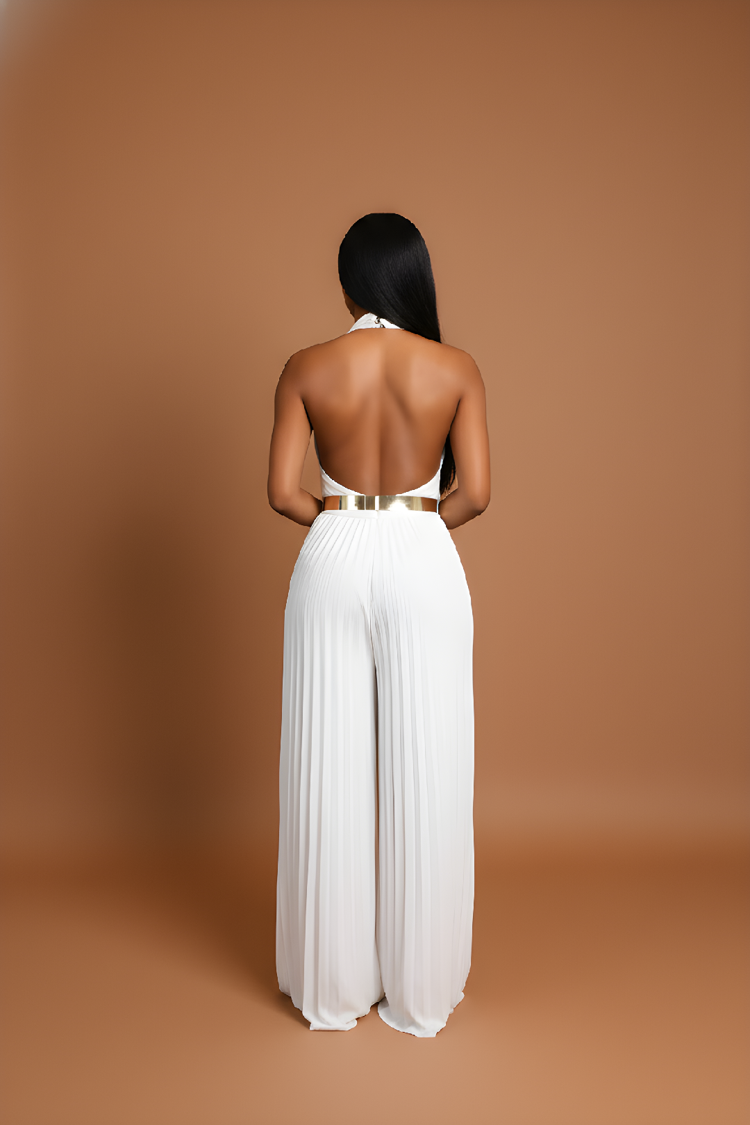 White Pleated Halter Wide-Leg Jumpsuit image 1