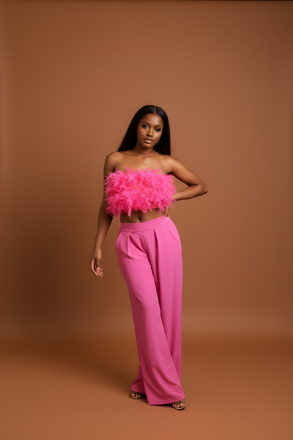 Pink Feather Bandeau Top And Wide-Leg Pants Set image 0