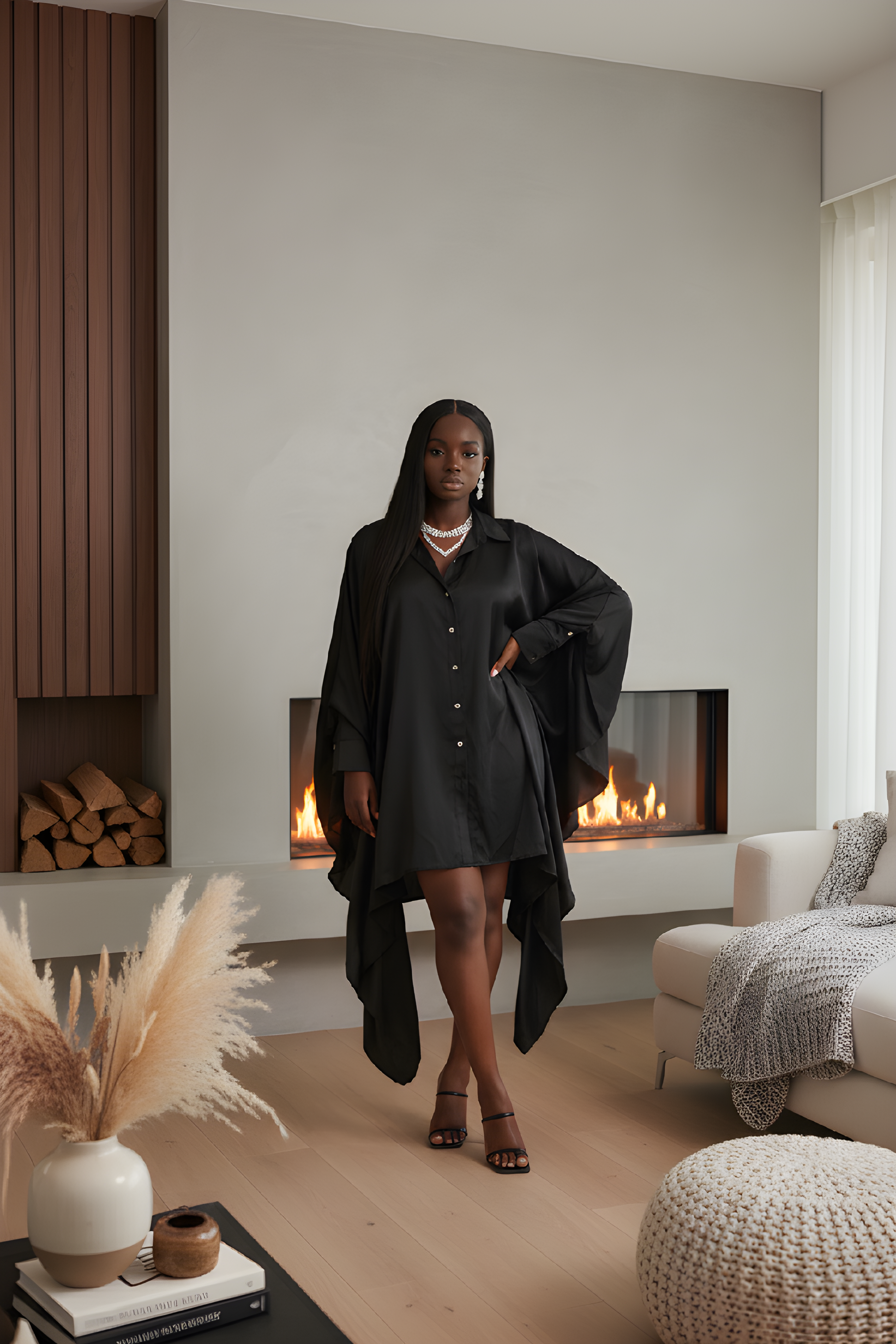Black Satin Batwing Shirt Dress image 1