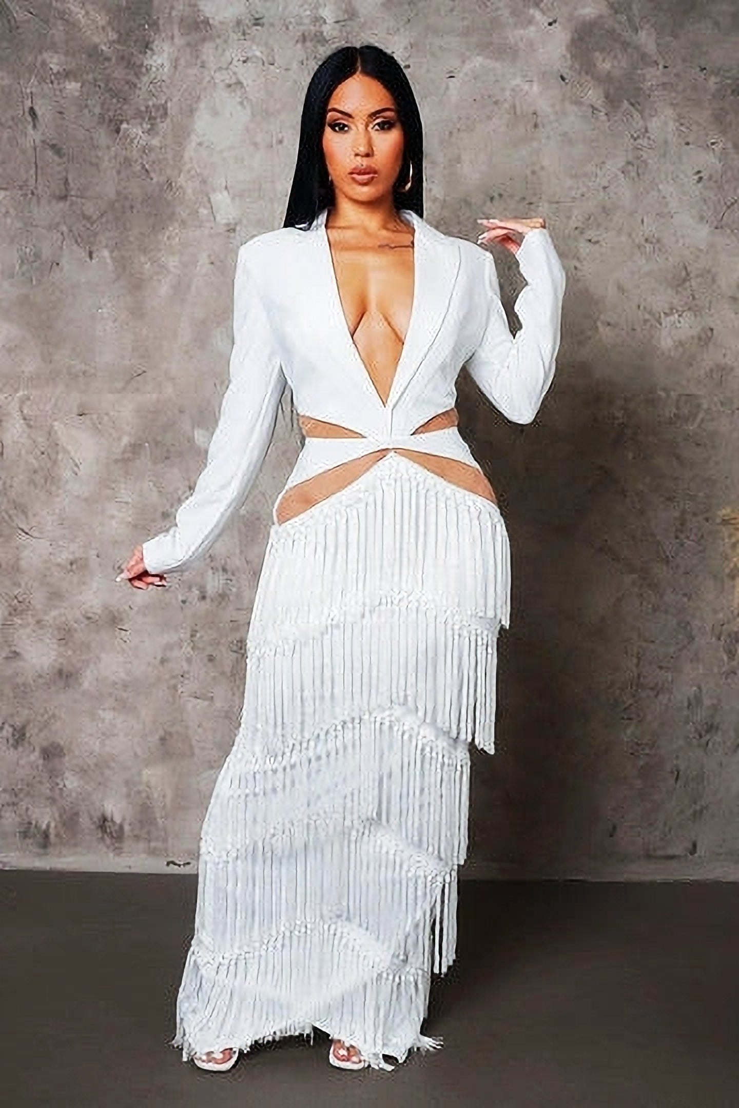 White Fringe Cut-Out Maxi Dress image 1