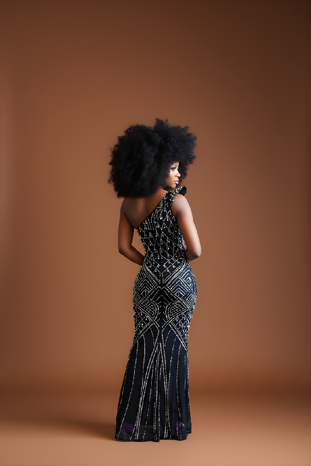 Black One-Shoulder Pearl Beaded Formal Gown image 1