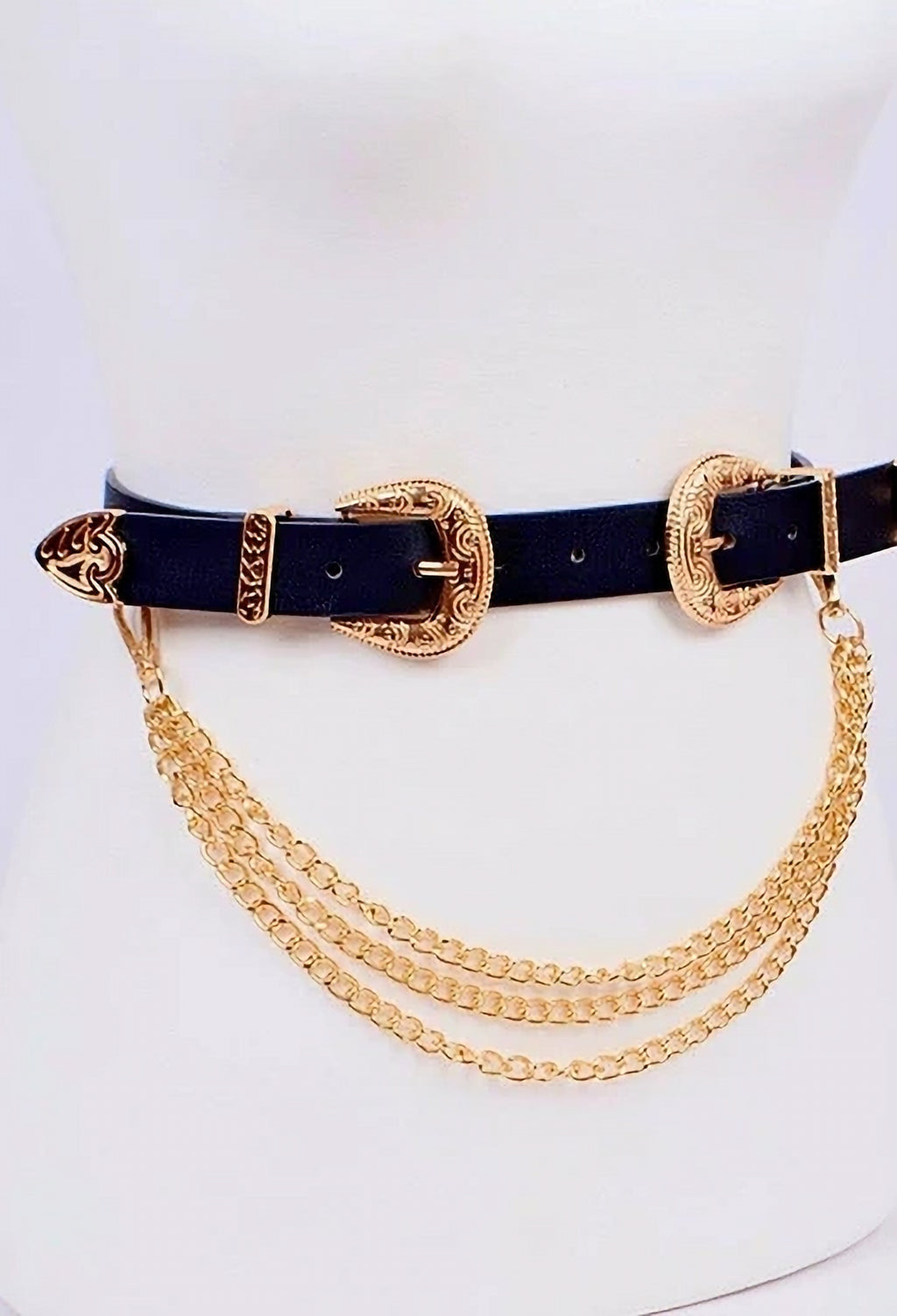 Black Western Waist Belt with Gold Buckle & Chain image 0