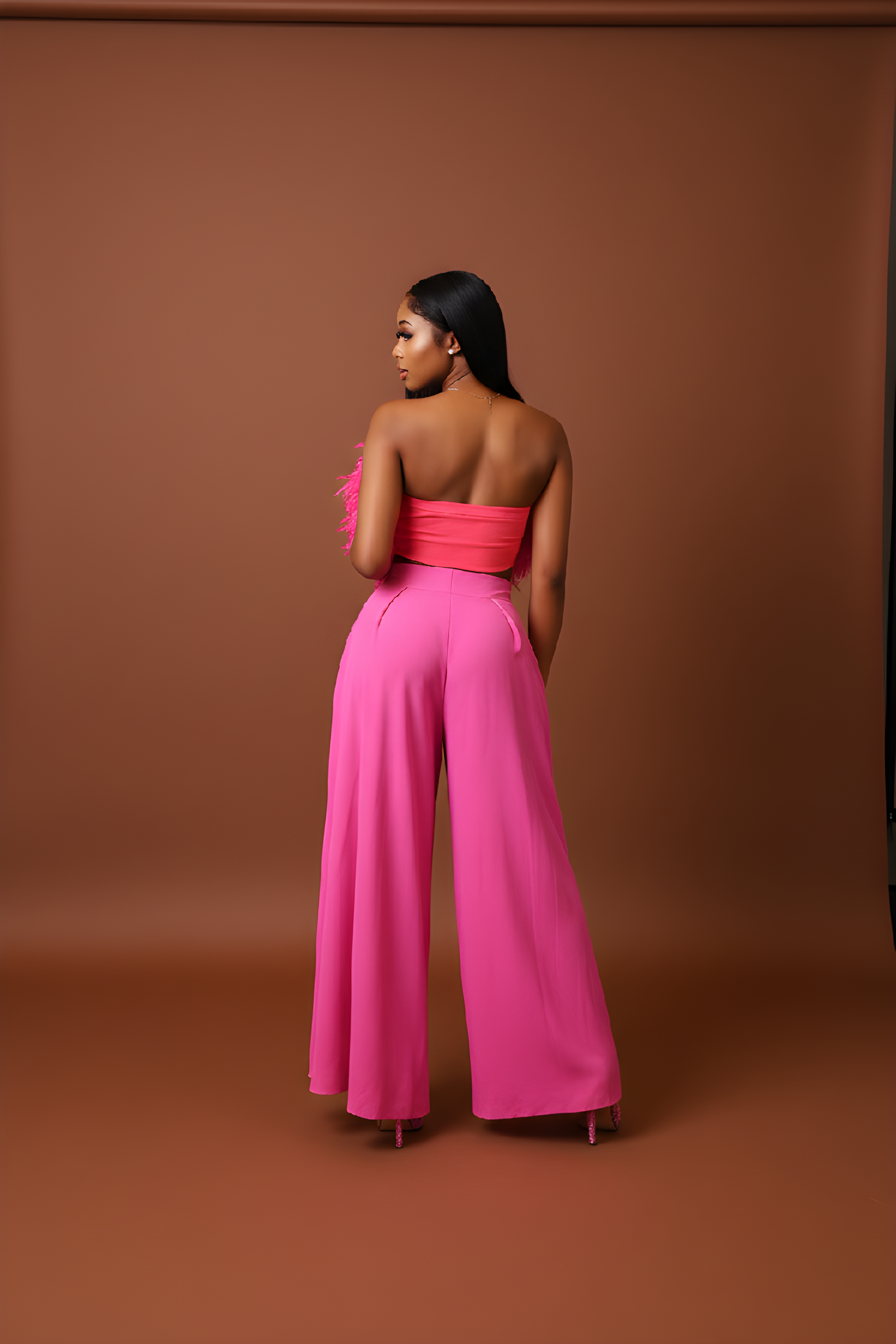 Pink Feather Bandeau Top And Wide-Leg Pants Set image 1