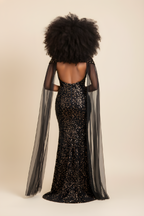 Black Sequin Strapless Formal Gown With Sheer Cape image 1