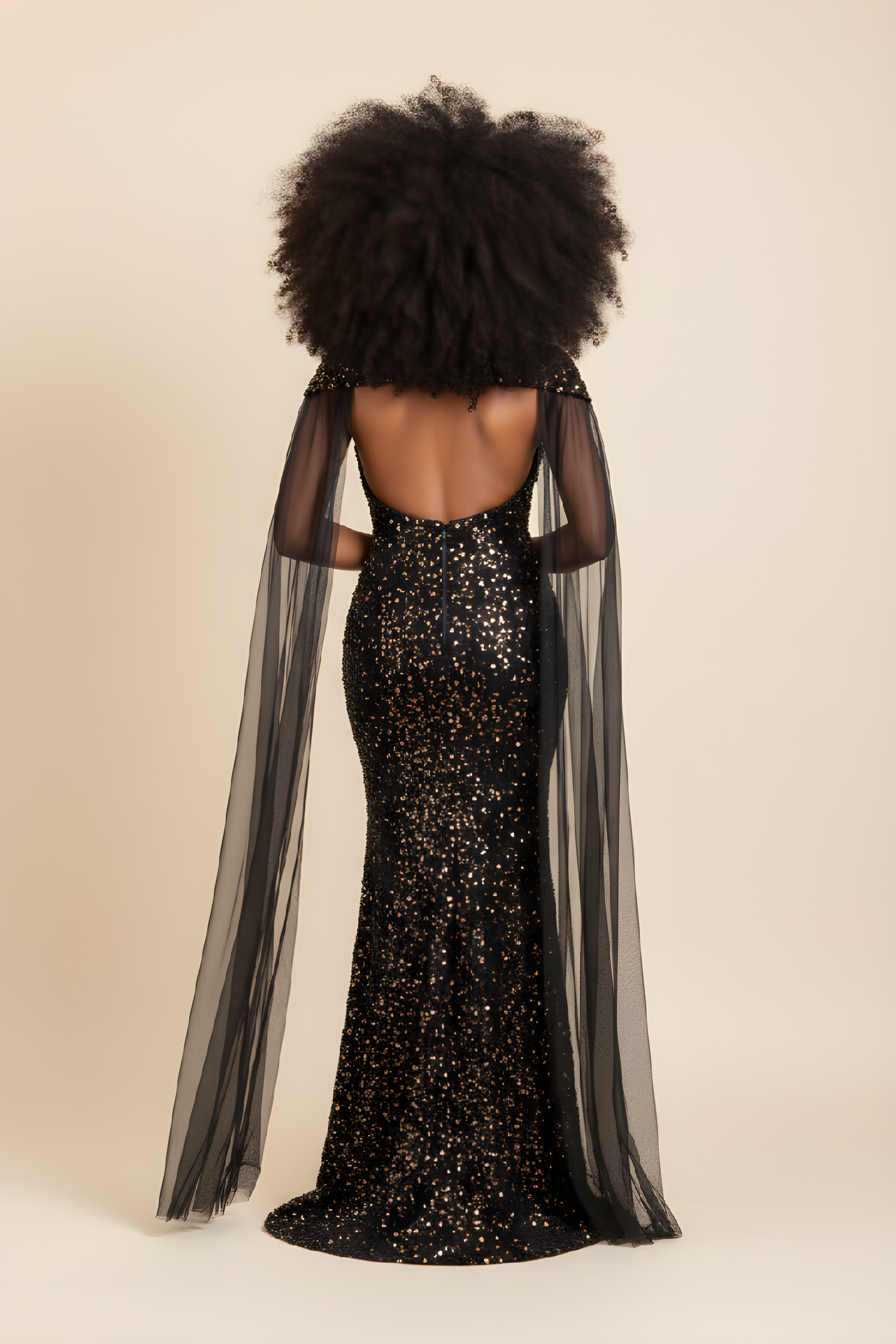 Black Sequin Strapless Formal Gown With Sheer Cape image 1