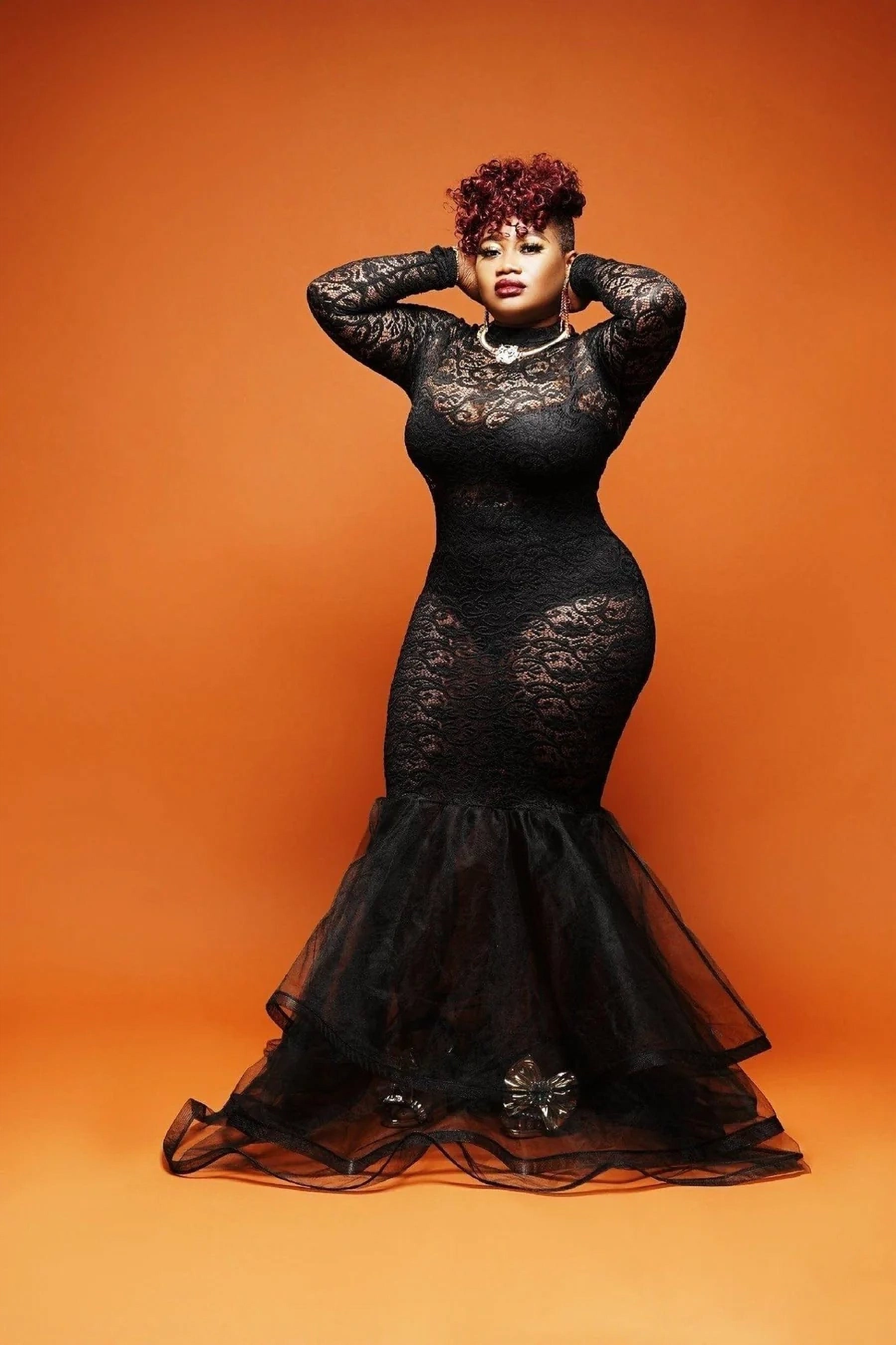 Black Lace Mermaid Maxi Dress with Sheer Tulle Hem image 2