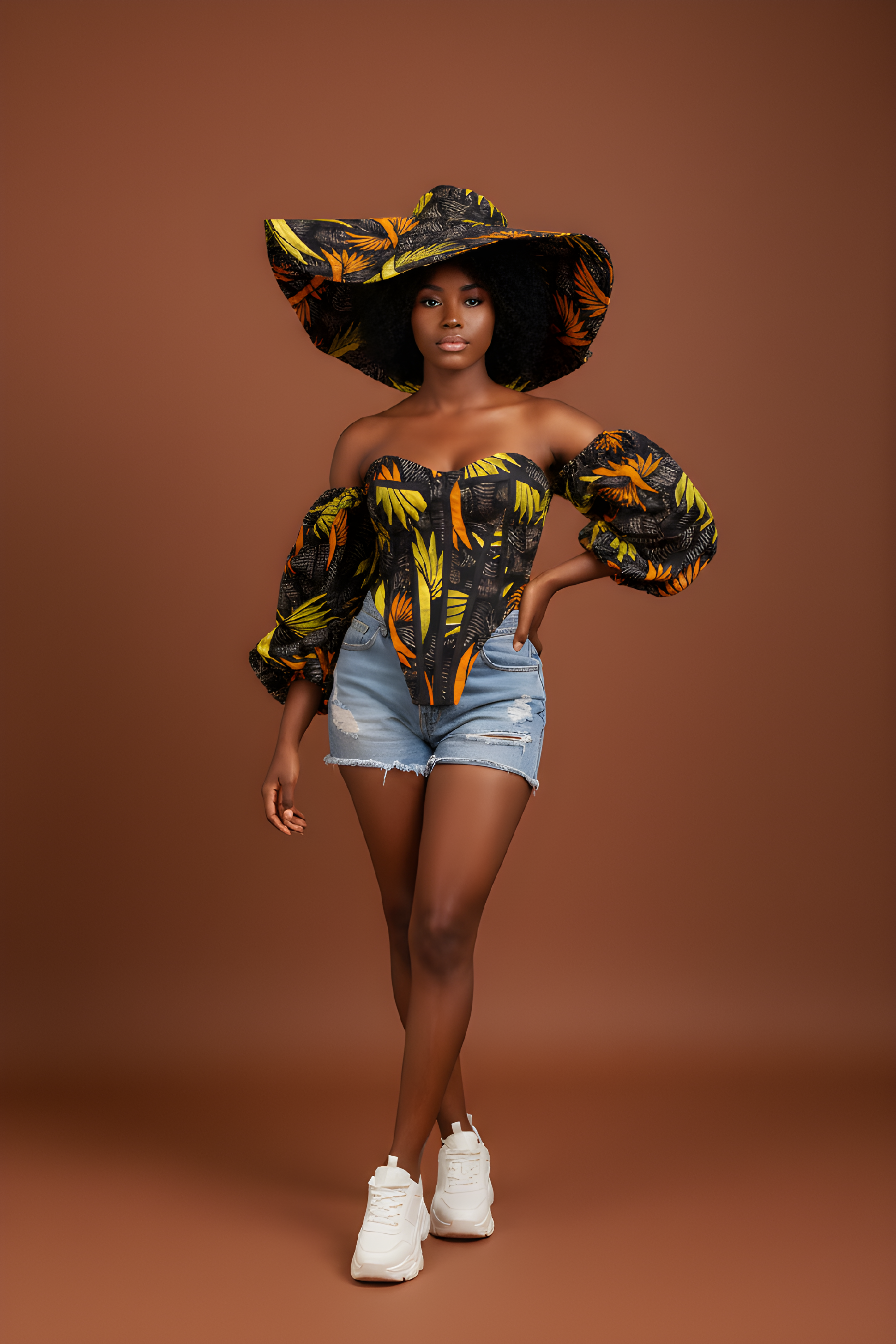 Ankara corset top with puff sleeves and matching wide-brim hat styled with distressed denim shorts and sneakers. 