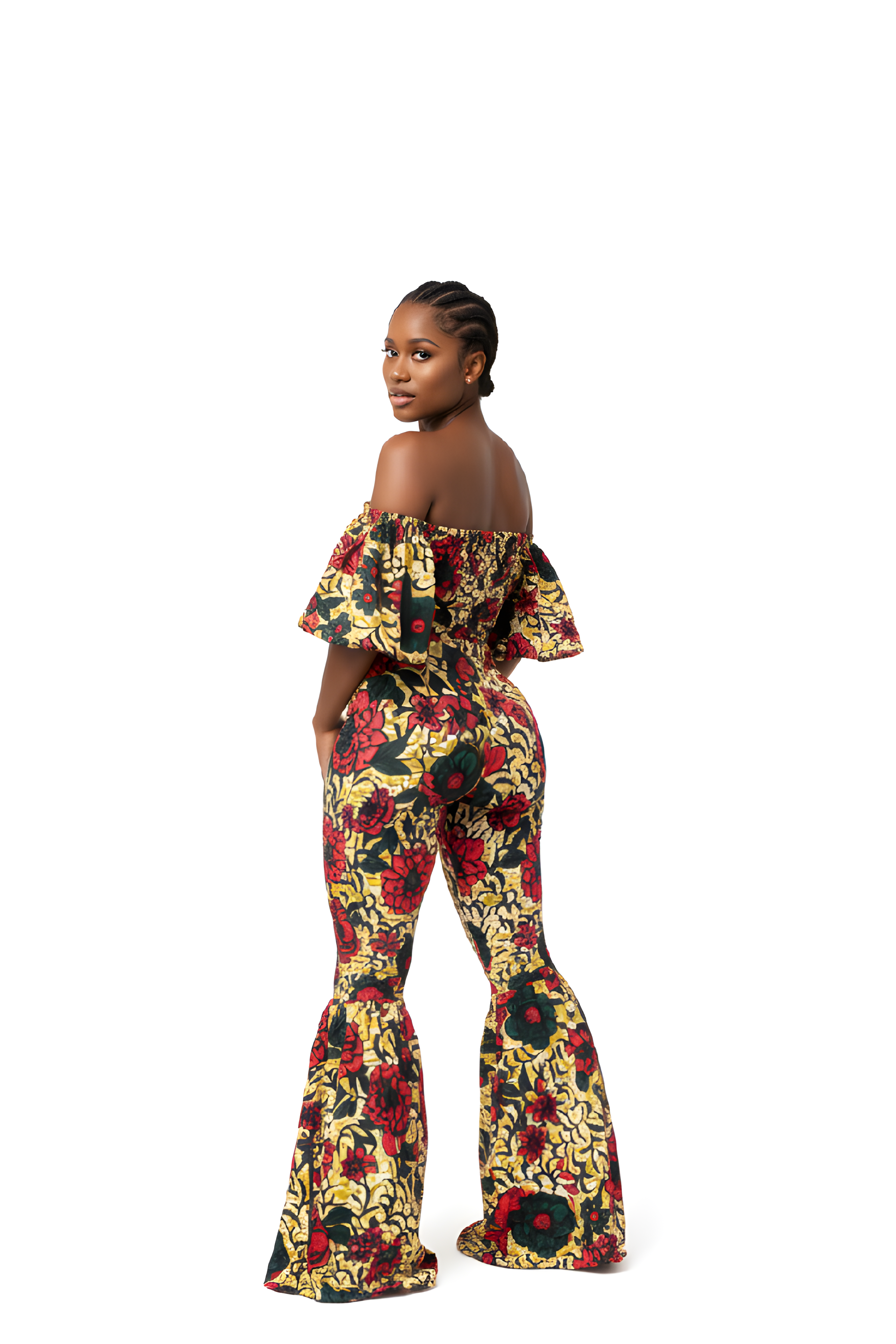 women's ankara two-piece outfit with off-shoulder crop top, puff sleeves, and high waisted bell bottom pants.