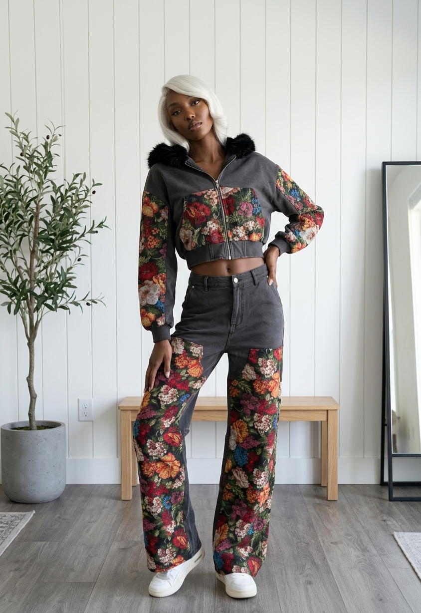 Midnight Bloom Floral Patch Two-Piece Set