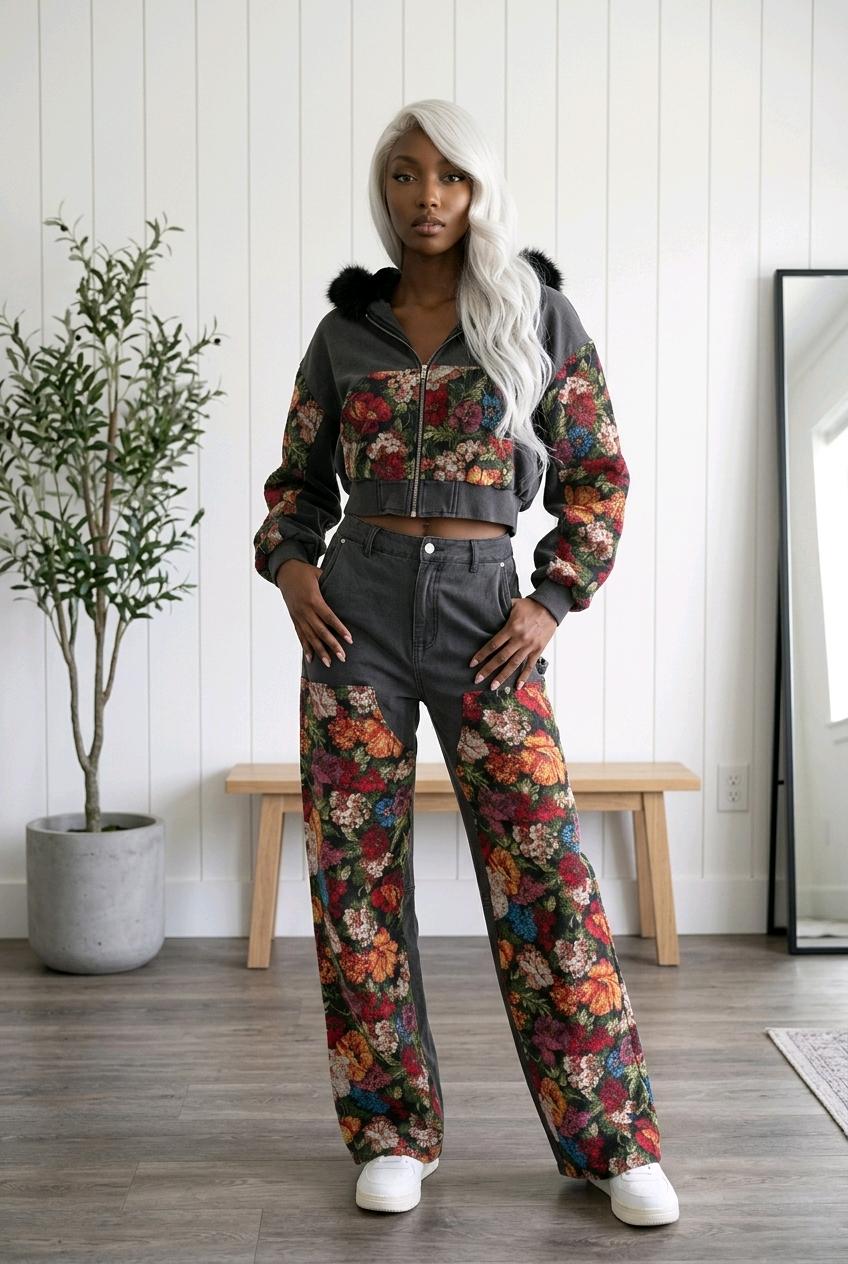 Woman wearing a dark gray floral patch cropped hoodie and matching wide-leg pants two-piece set with colorful floral print panels.