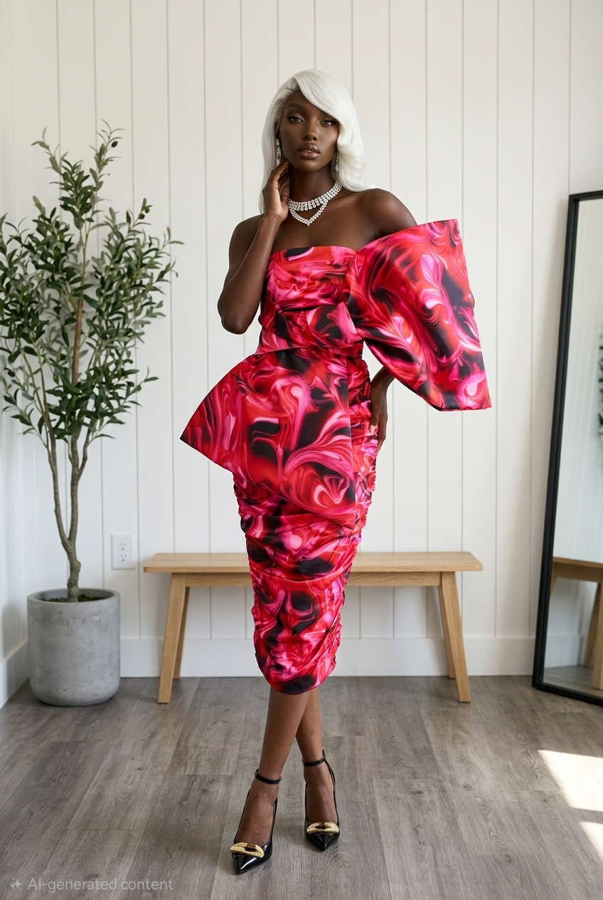Woman wearing a red abstract print ruched midi dress with oversized sculptural bow detail and fitted silhouette. 