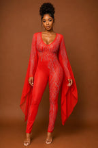 Red rhinestone cape sleeve jumpsuit - back view