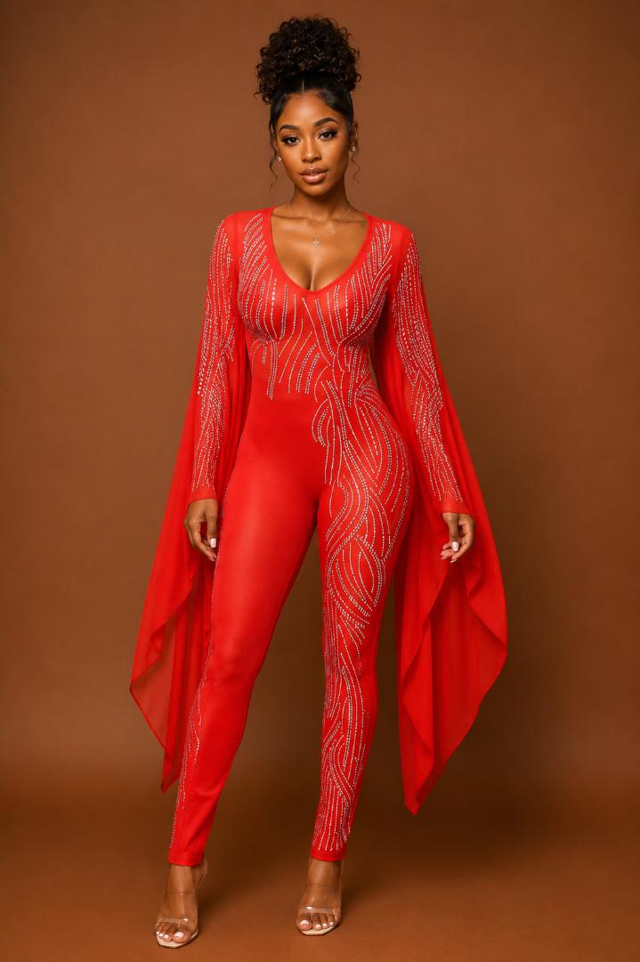 Red rhinestone cape sleeve jumpsuit - back view
