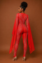 Red rhinestone cape sleeve jumpsuit - front view