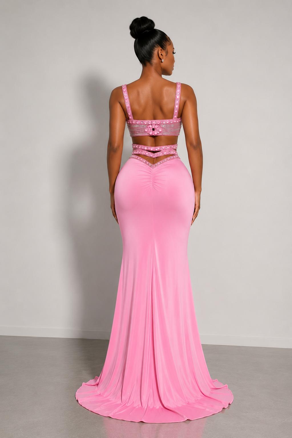Back view of blush pink rhinestone mermaid maxi dress featuring rhinestone straps, waist cut-out and fitted silhouette