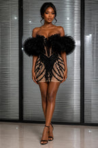 Woman wearing black rhinestone tulle sleeve mini dress with nude illusion mesh, deep plunge neckline, bodycon fit, and elegant party styling. 