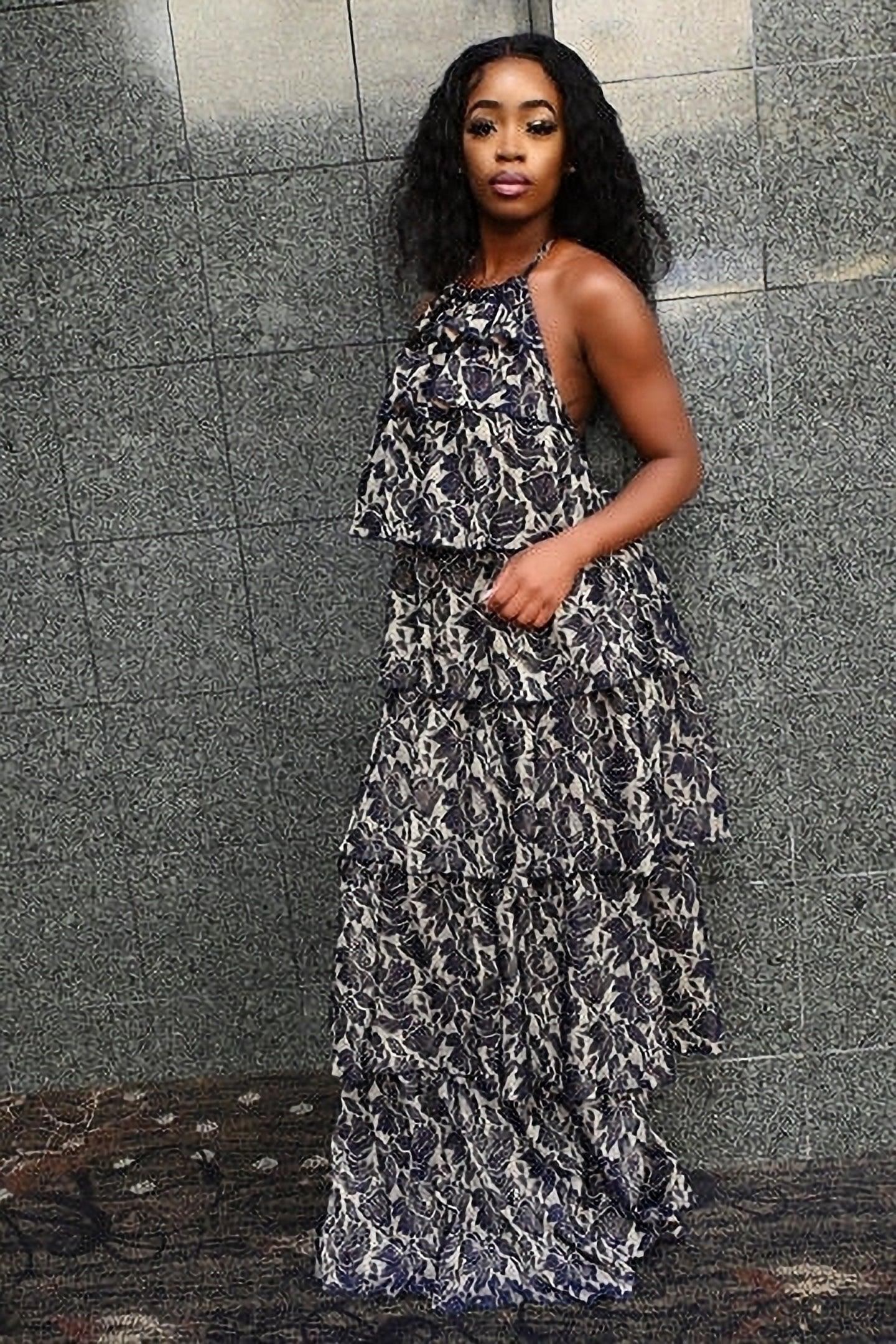 Black Lace Tiered Halter Maxi Dress image 1