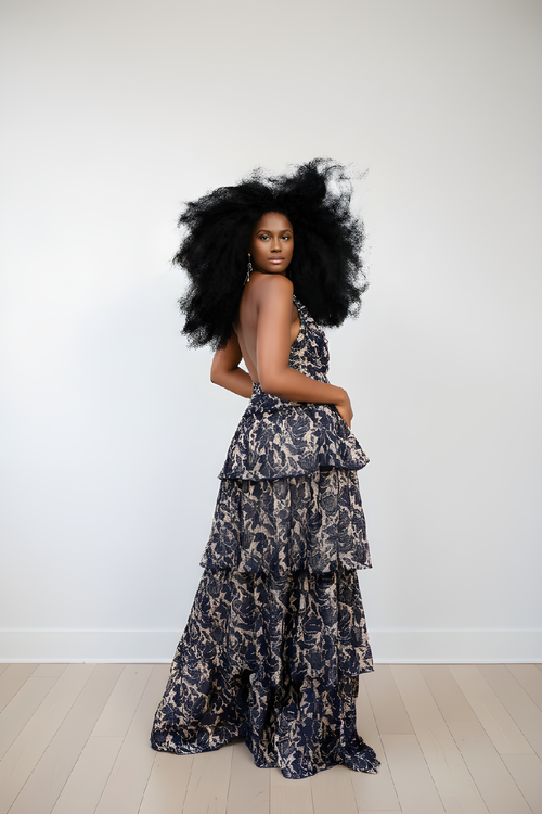 Black Lace Tiered Halter Maxi Dress image 0