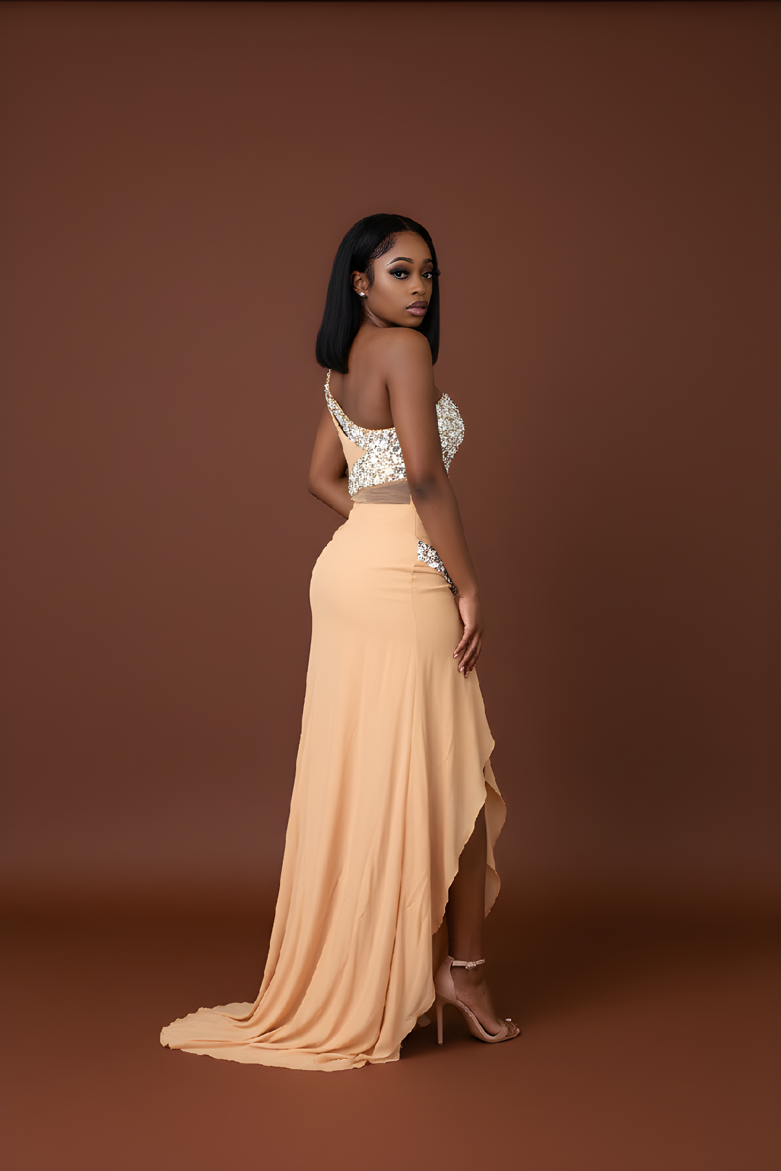 Nude One-Shoulder Sequin Trim Formal Dress image 1