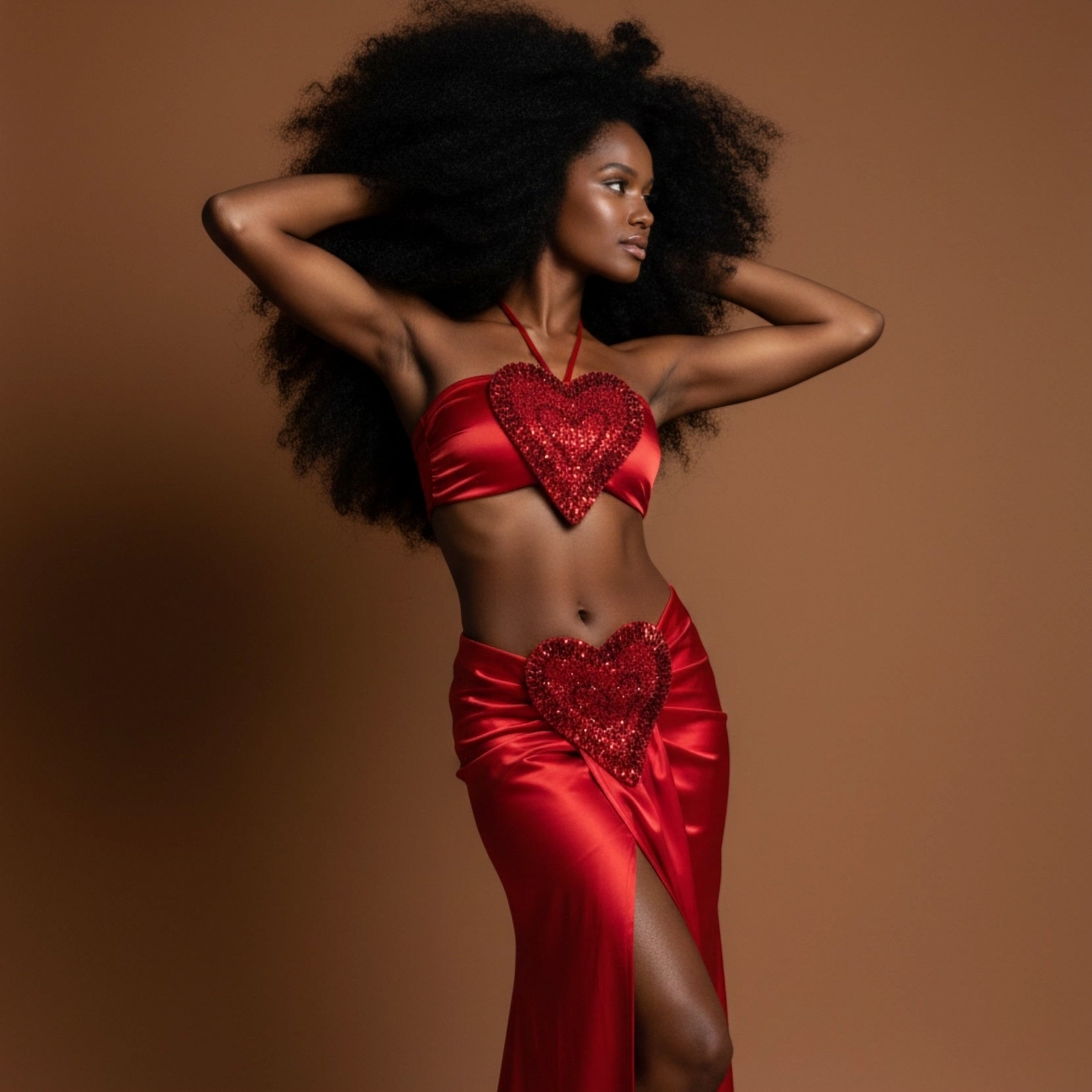 Red Heart Detail Two-Piece Satin Skirt Set image 2