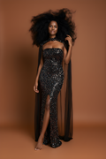 Black Sequin Strapless Formal Gown With Sheer Cape image 0