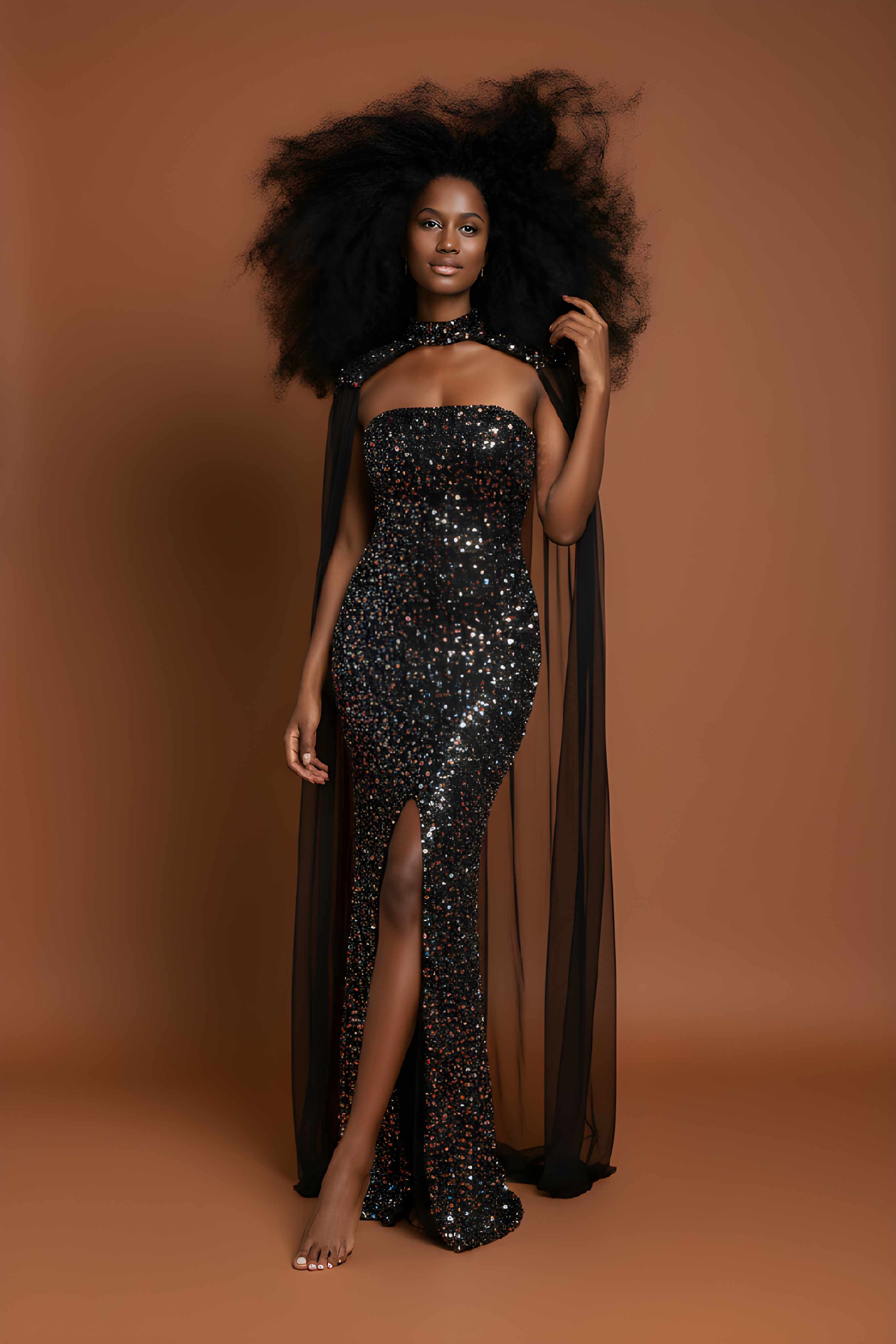 Black Sequin Strapless Formal Gown With Sheer Cape image 0