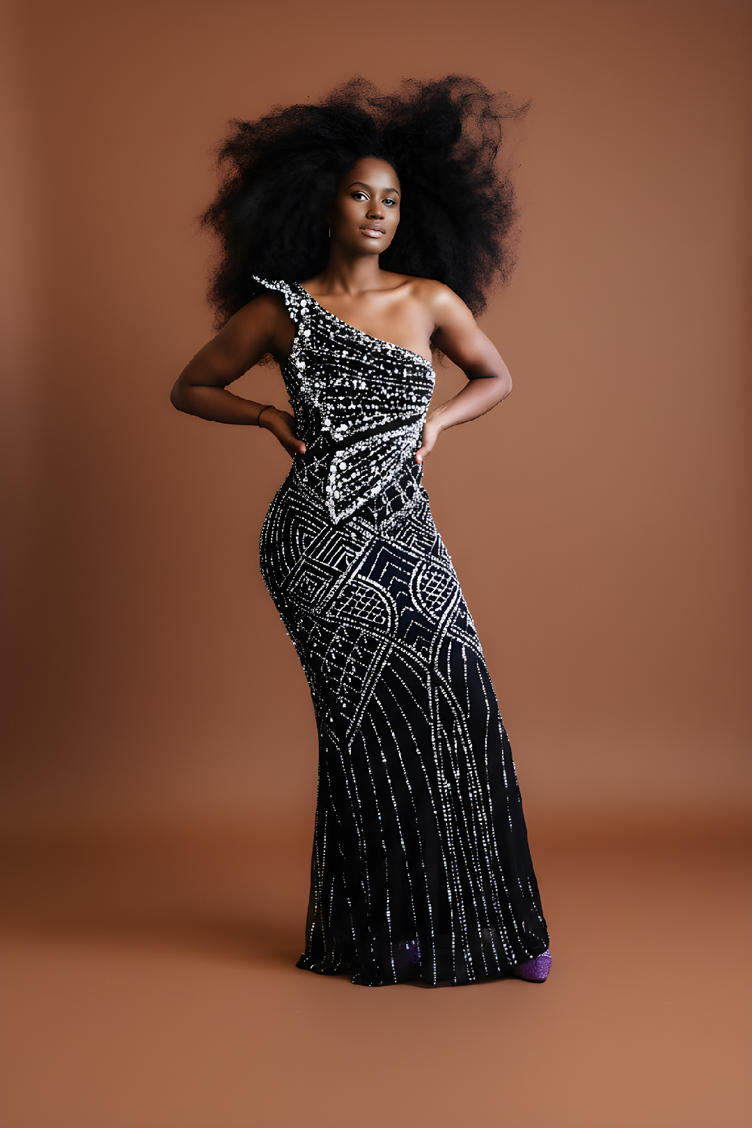 Black One-Shoulder Pearl Beaded Formal Gown image 0