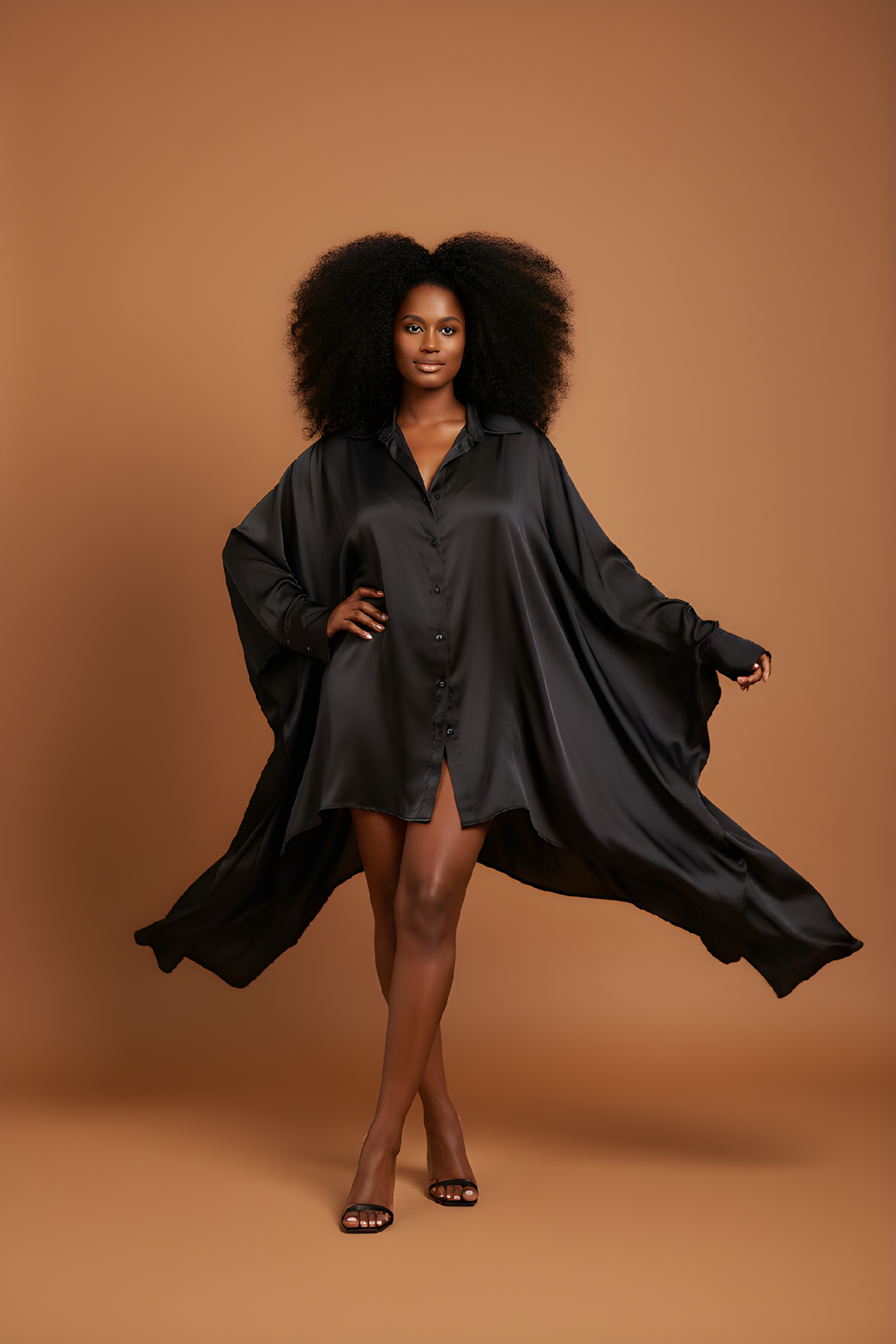 Black Satin Batwing Shirt Dress image 0