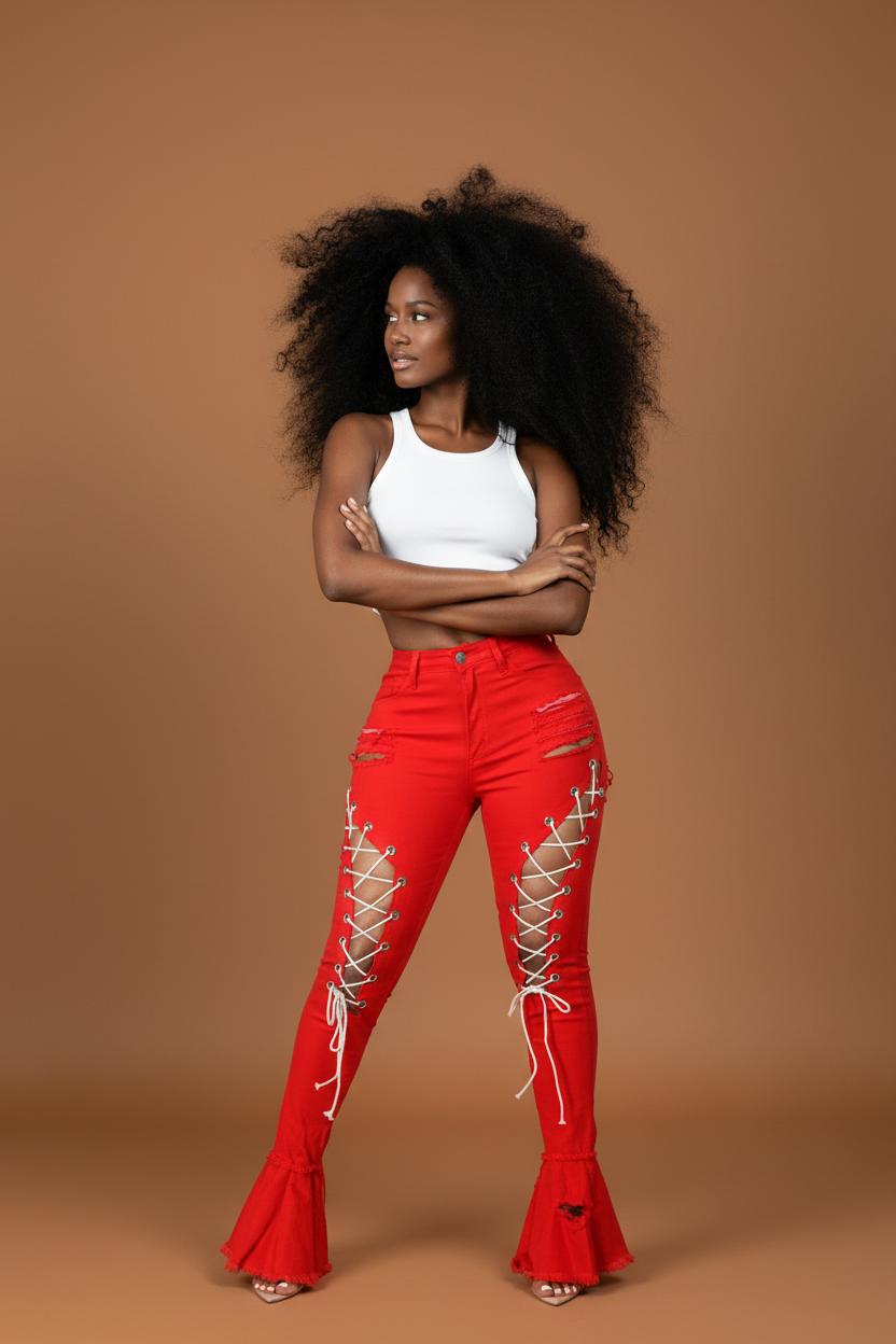 Ripped Denim Lace-Up Flared Jeans image 0