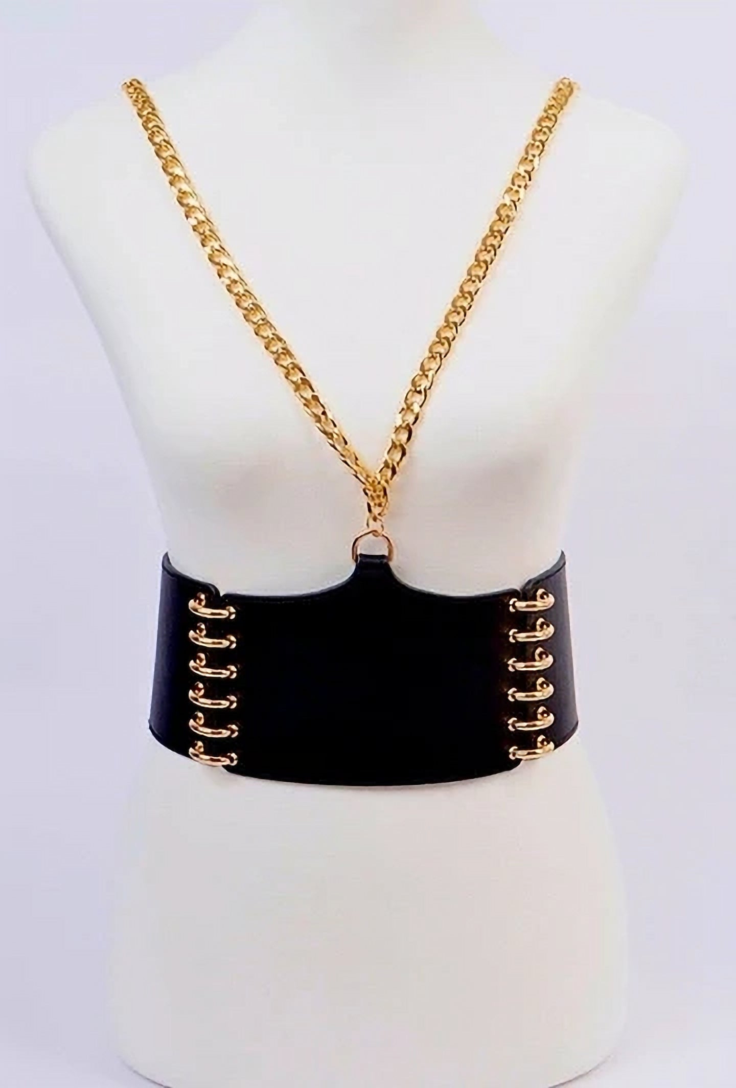 Black Wide Waist Belt with Gold Chain image 2
